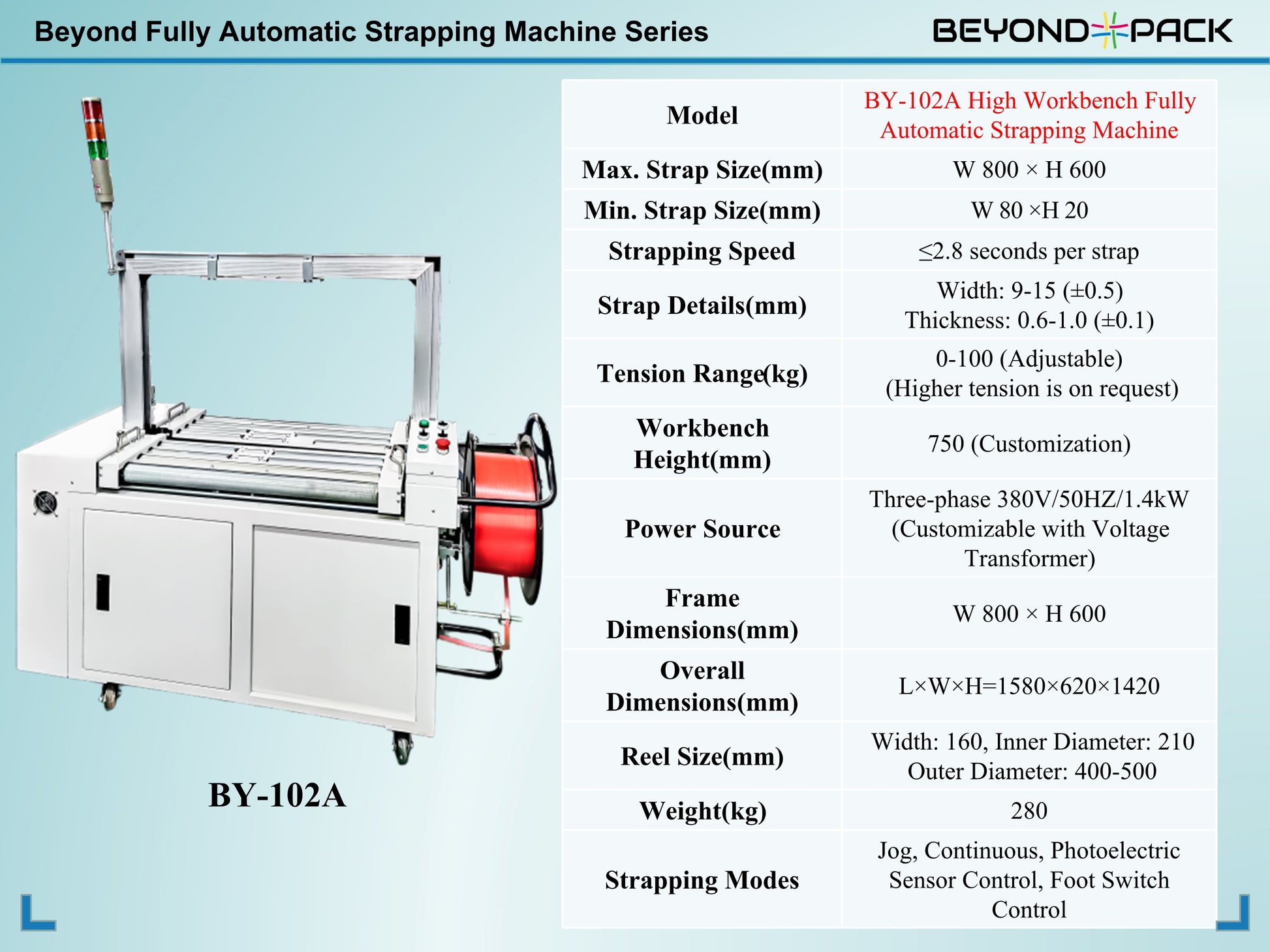 BY - 102A High Workbench Fully Automatic Strapping Machine（customizable） - beyond pack